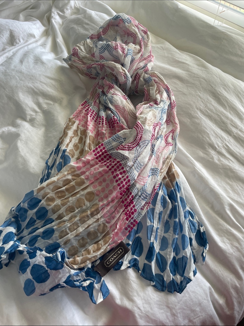 Coach y2k Multicolor Polka Dot Lightweight Scarf — Blue, Pink, Tan NWOT